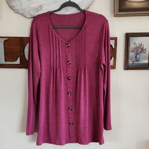 Long Sleeve Burgundy Top with Faux Buttons Down Front | XL